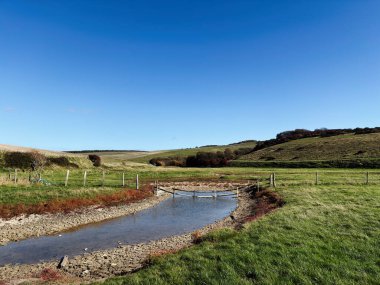 Dar bir deresi, ahşap köprüsü, çitleri ve berrak mavi gökyüzünün altında geniş açık arazisi olan huzurlu bir kırsal manzara..