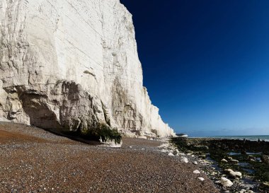 Beyaz tebeşir kayalıkları, Doğu Sussex kıyısı boyunca çakıllı bir sahilde, parlak mavi gökyüzünün altında yükseliyor..