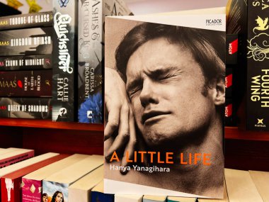 Kyiv, Ukrayna - 10 Kasım 2025: Kitapçının rafındaki kitap kapağını kapatın, dalgın bir adamın yüzü.