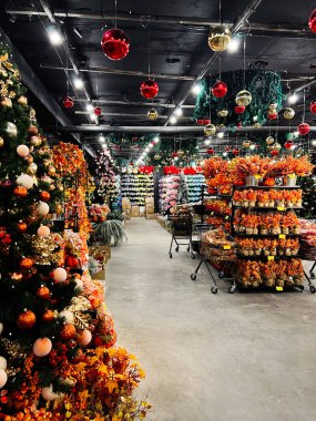 Kyiv, Ukrayna - 10 Kasım 2025: Noel ağacı çelenkleri ve sıcak aydınlatma süsleriyle dolu canlı bir tatil dükkânı sahnesi