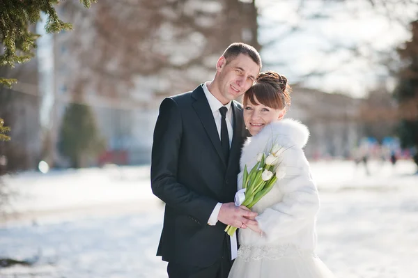 Casal de casamento no dia de inverno — Fotografia de Stock