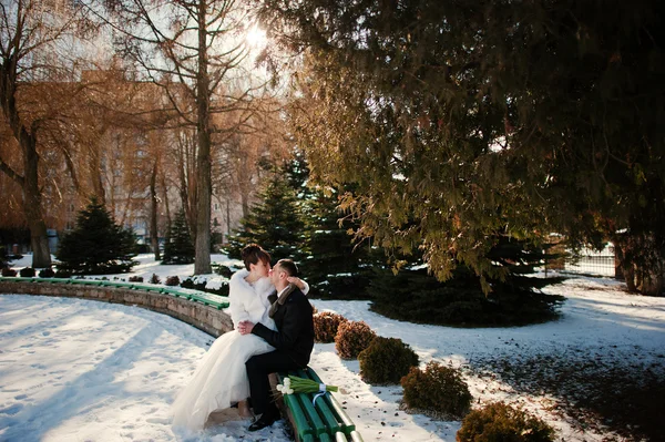 Casal de casamento no dia de inverno — Fotografia de Stock