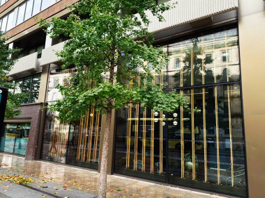 Manchester, İngiltere - Ekim 04, 2025: Yapraklı bir ağacın yanında şehir mimarisini yansıtan uzun cam panelleri olan çağdaş bir mağaza.
