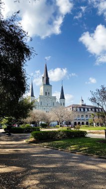 New Orleans, Louisiana, ABD - 15 Mart 2025: Sunlit Katedrali New Orleans, Louisiana, ABD 'de bir parkın yanında yüksek kuleleri olan.