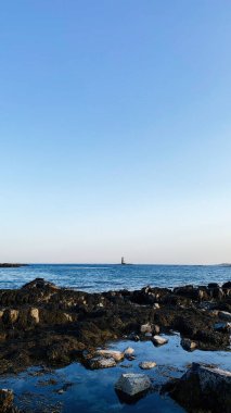 Sakin sularda uzak bir deniz feneri olan kayalık bir Portsmouth kıyısında mavi gökyüzü.