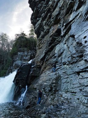 Kuzey Carolina, ABD - 11 Mart 2024: İki dağcı, Kuzey Carolina 'daki Linville Şelalesi' nin yanında ağaçlarla çevrili engebeli bir kaya yüzeyine tırmandı.
