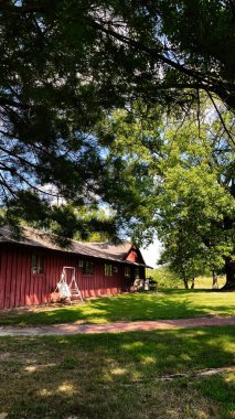 Huzurlu bir Güney Illinois çiftlik sahnesi. Kırmızı bir ahır, salıncak ve yemyeşil ağaçlar..