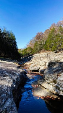Güney Illinois 'de ağaçların arasından süzülen kayalık bir derenin üzerinde parlak mavi gökyüzü..