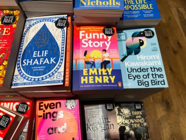 Manchester, İngiltere - 15 Kasım 2025: Renkli, göz alıcı kapakları olan bir kitapçıda modern roman sergisi.