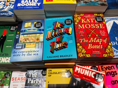 Manchester, İngiltere - 15 Kasım 2025: Kalabalık bir dükkanda yığılmış ve yelpazelenmiş kitap kapakları.