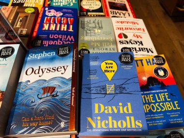 Manchester, İngiltere - 15 Kasım 2025: Bir dükkan vitrininde renkli kitap kapakları, popüler romanlar ve okuyucuların kaçış hayalleri vurgulanıyor.