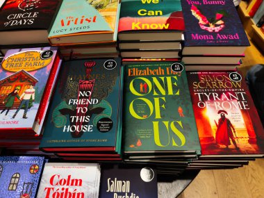 Manchester, İngiltere - 15 Kasım 2025: Yazarların ve canlı kapakların yer aldığı bir dükkanda çeşitli ciltli kitapların parlak görüntüsü.