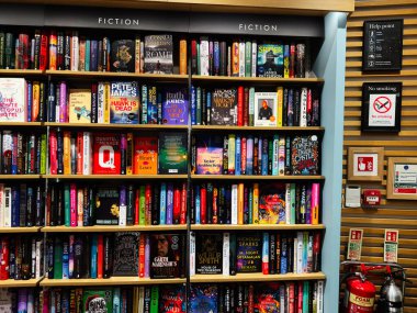 Manchester, İngiltere - 15 Kasım 2025: Canlı kurgu başlıkları ahşap raflar, hoş bir kitapçıda keşif ve hayal gücü