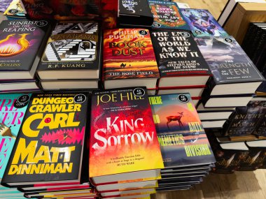 Manchester, İngiltere - 15 Kasım 2025: Bir kitapçıda düzenlenmiş renkli popüler roman ve fantezi başlıkları yığını.