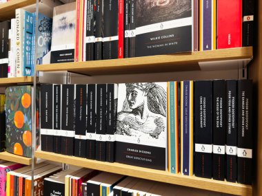 Manchester, İngiltere - 15 Kasım 2025: Aralarında Charles Dickens 'ın Büyük Umutları' nın da bulunduğu Penguen Klasikleri romanı ahşap kütüphane raflarında