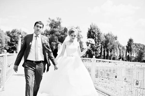 Couple de mariage amoureux marche dans le parc — Photo