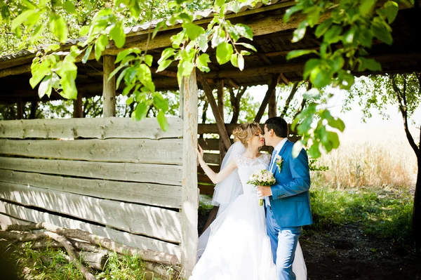 Wedding couple in the garden near wooden building — Stock Photo, Image
