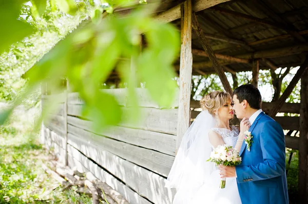 Casal de casamento no jardim perto de edifício de madeira — Fotografia de Stock