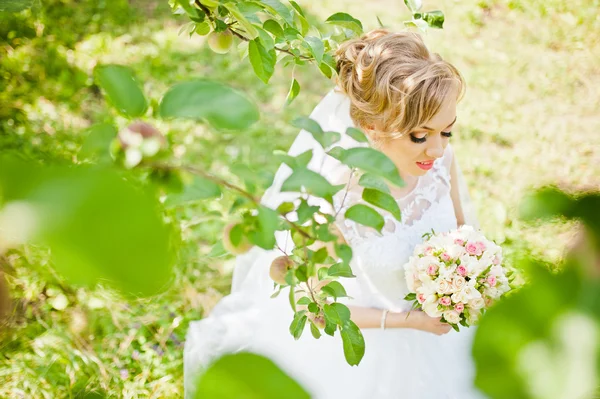 Zarter Hochzeitsstrauß an der Hand der Braut — Stockfoto