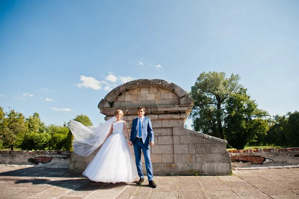 Tender wedding couple background old architecture of castle — Stock Photo, Image