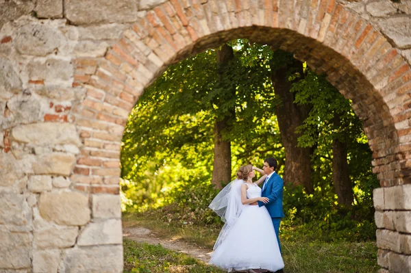 Нежная свадебная пара фон старой архитектуры замка — стоковое фото