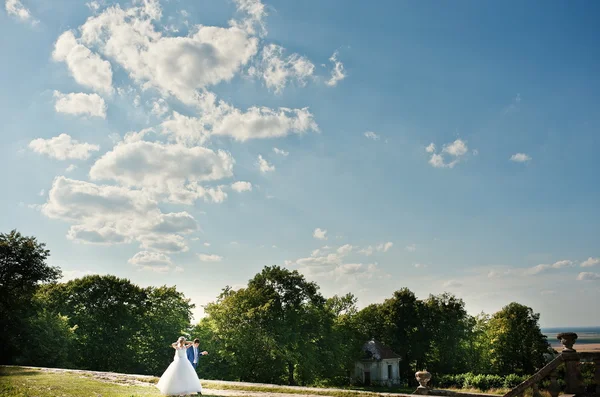 Свадебная пара фоне облачного неба — стоковое фото