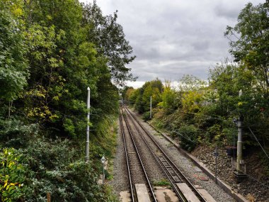 Bulutlu bir günde Manchester, İngiltere 'de bir platformun yakınındaki sık ağaçların ve yeşilliklerin arasından geçen raylar..