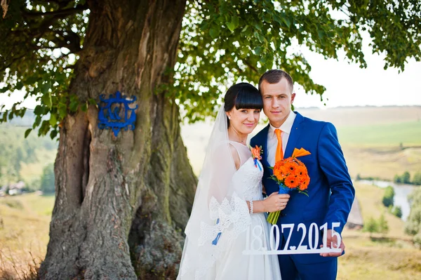 Svatba cpuple poblíž stromu s datem deska — Stock fotografie