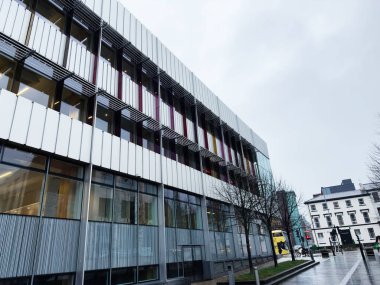 Manchester, İngiltere - 06 Aralık 2025: Çağdaş bir cam cephe Manchester 'da ağaçlar ve bir otobüsle ıslak bir şehir caddesini çiziyor.