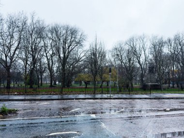 Manchester, İngiltere - Aralık 06, 2025: Manchester, İngiltere 'de bulutlu gökyüzünün altında yapraksız ağaçlar ve kaygan kaldırımlar altında kasvetli bir şehir parkı sahnesi.