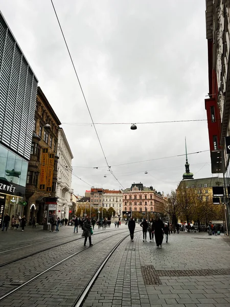 Brno, Çek Cumhuriyeti - 29 Kasım 2025: Yayaların, tramvayların ve klasik mimarinin olduğu kentsel Brno sahnesi.