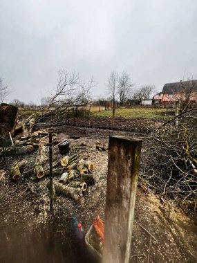 Kırsal bir bahçede, gri bulutlu bir günde odun, yıpranmış çit ve çıplak ağaçlar..