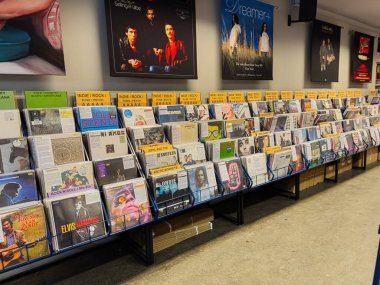 Manchester, İngiltere - 21 Ocak 2026: Kollu ve kalın etiketli vinil gruplar ikonik sanatçılarla klasik bir müzik mağazası havası yaratıyor.