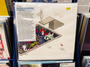 Manchester, İngiltere - 21 Ocak 2026: Albüm kapağı Apta The Pool, gerçeküstü, psikedelik bir havuz sahnesi ve klasik bir plak sergilenmektedir.