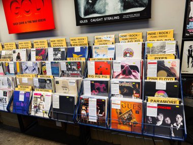 Manchester, İngiltere - 21 Ocak 2026: Indie rock ve klasik grupların satıldığı bir müzik dükkanında renkli vinil plaklar ve raflar.