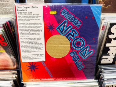 Manchester, İngiltere - 21 Ocak 2026: Kalın tipografi ve kozmik renklerin yer aldığı canlı neon uzay temalı vinil kapağı.