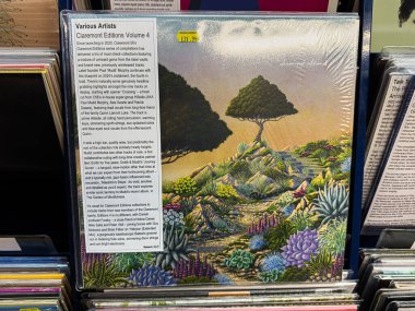 Manchester, İngiltere - 21 Ocak 2026: Renkli sulu vinil kapaklı bereketli çöl bahçesi sahnesi ve gün batımında yalnız bir ağaç.