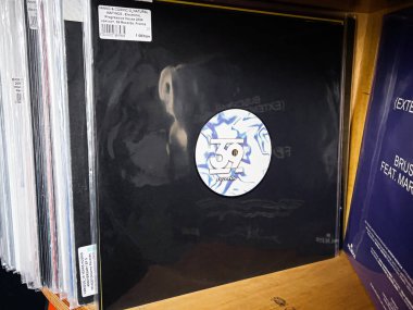 Lviv, Ukrayna - 07 Şubat 2026: Ahşap bir raftaki diğer kayıtlar arasında mavi ve beyaz etiketli siyah yenilikçi bir ev vinili yer alıyor. Hannd ve Kozmik G - Doğal İçgüdüler