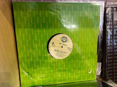 Lviv, Ukrayna - 07 Şubat 2026: Retro vinil single by M.C. Shy-D with We Don 't Play, it show on a green Champion sleeve.