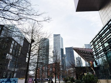 Manchester, İngiltere - 24 Ocak 2026: Manchester 'da cam gökdelenler, çıplak ağaçlar ve modern mimarinin yer aldığı parlak kentsel manzara.