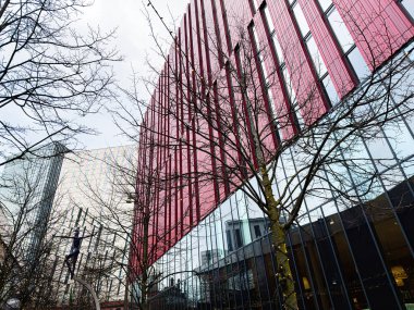 Manchester, İngiltere - 24 Ocak 2026: Manchester 'da çıplak ağaçların yanında duran modern cam bina, Birinci Cadde' deki şehir ve kış sükunetini yansıtıyor.