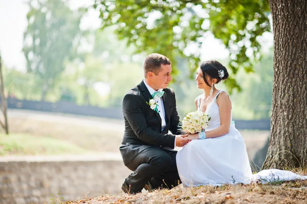Fraîchement mariés dans leur jour de mariage au parc — Photo