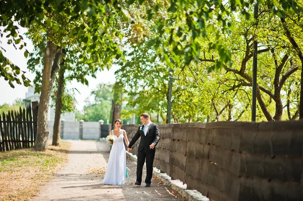 Nyligen gifte i deras bröllopsdag på park — Stockfoto