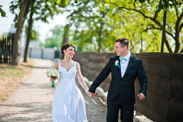 Recém-casados no dia do casamento no parque — Fotografia de Stock