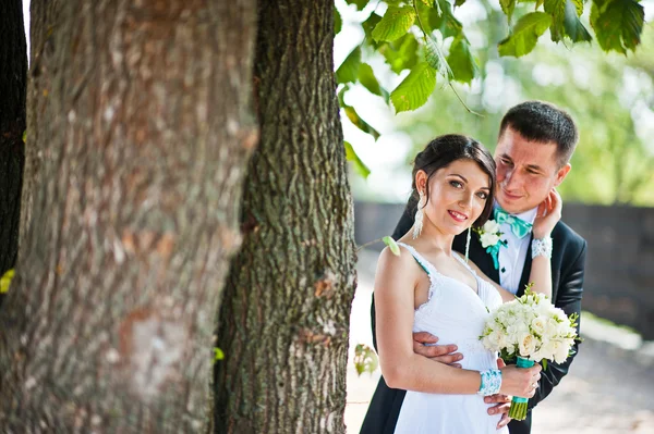 Recém-casados no dia do casamento no parque — Fotografia de Stock