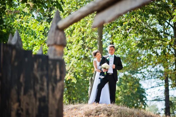 Appena sposati nel giorno del loro matrimonio al parco — Foto Stock