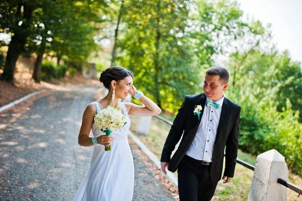 Appena sposati nel giorno del loro matrimonio al parco — Foto Stock