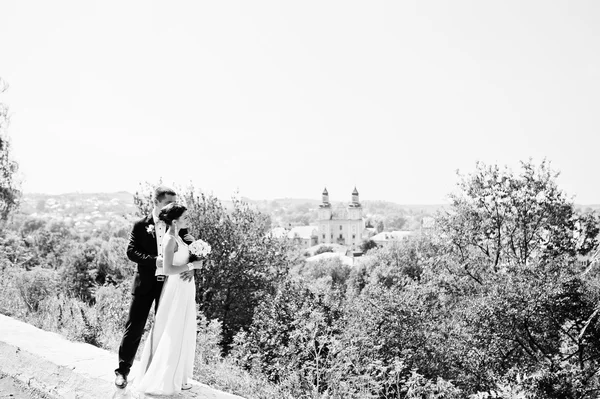 Fraîchement mariés dans leur jour de mariage au parc — Photo
