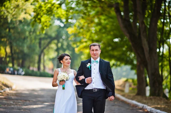 Newly wed in their wedding day at park — Stock Photo, Image