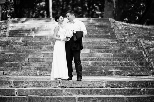 Appena sposati nel giorno del loro matrimonio al parco — Foto Stock